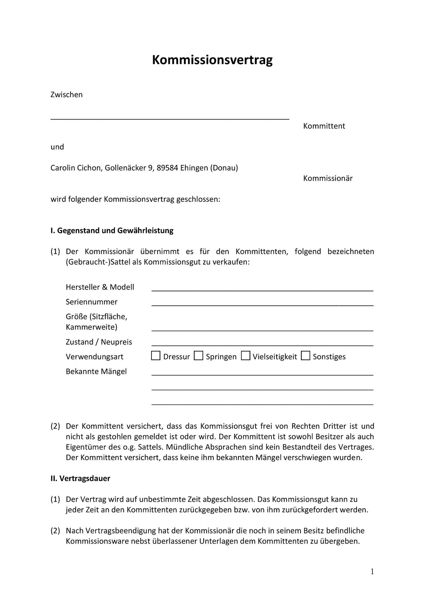 Kommissionsvertrag Seite 1